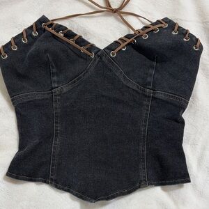 Black Denim Lace-Up Corset Top